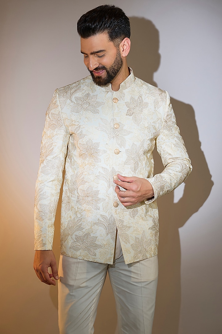 Ivory Silk Threadwork Bandhgala by Kasbah Clothing