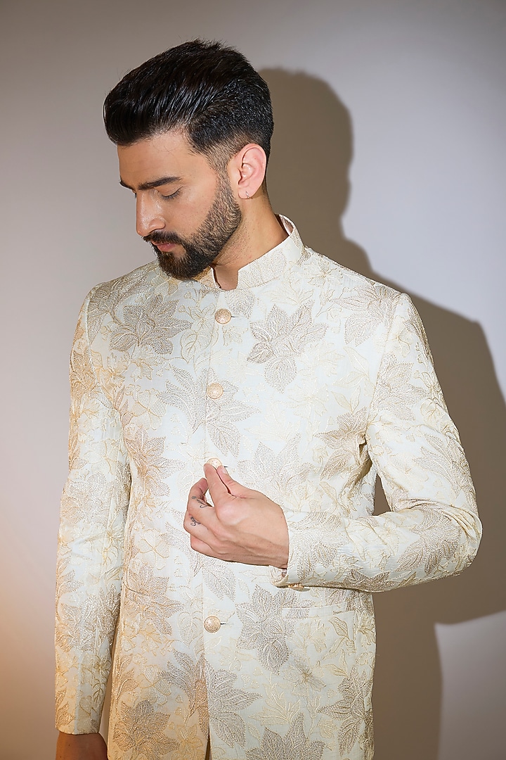 Ivory Silk Threadwork Wedding Bandhgala by Kasbah Clothing at Pernia's Pop Up Shop
