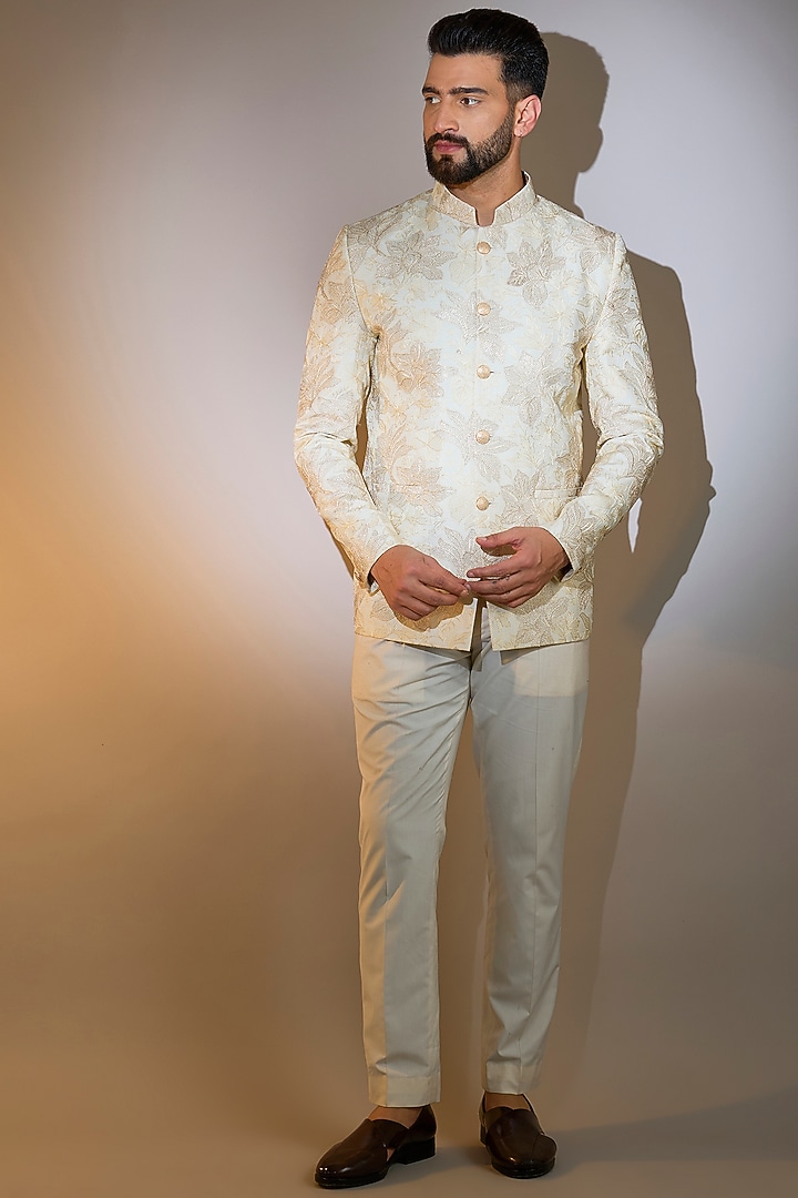 Ivory Silk Threadwork Wedding Bandhgala by Kasbah Clothing at Pernia's Pop Up Shop