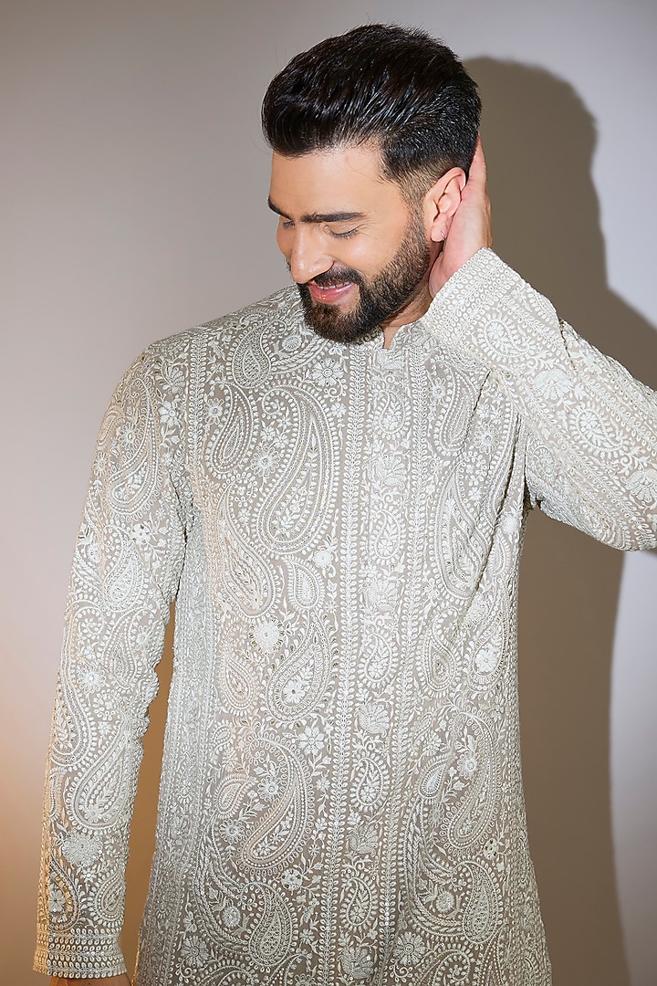 Beige Georgette Thread Embroidered Kurta by Kasbah Clothing at Pernia's Pop Up Shop