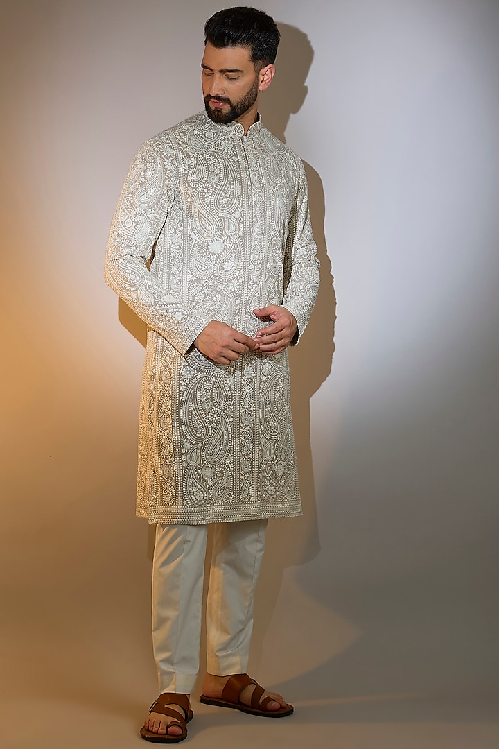 Beige Georgette Thread Embroidered Kurta by Kasbah Clothing