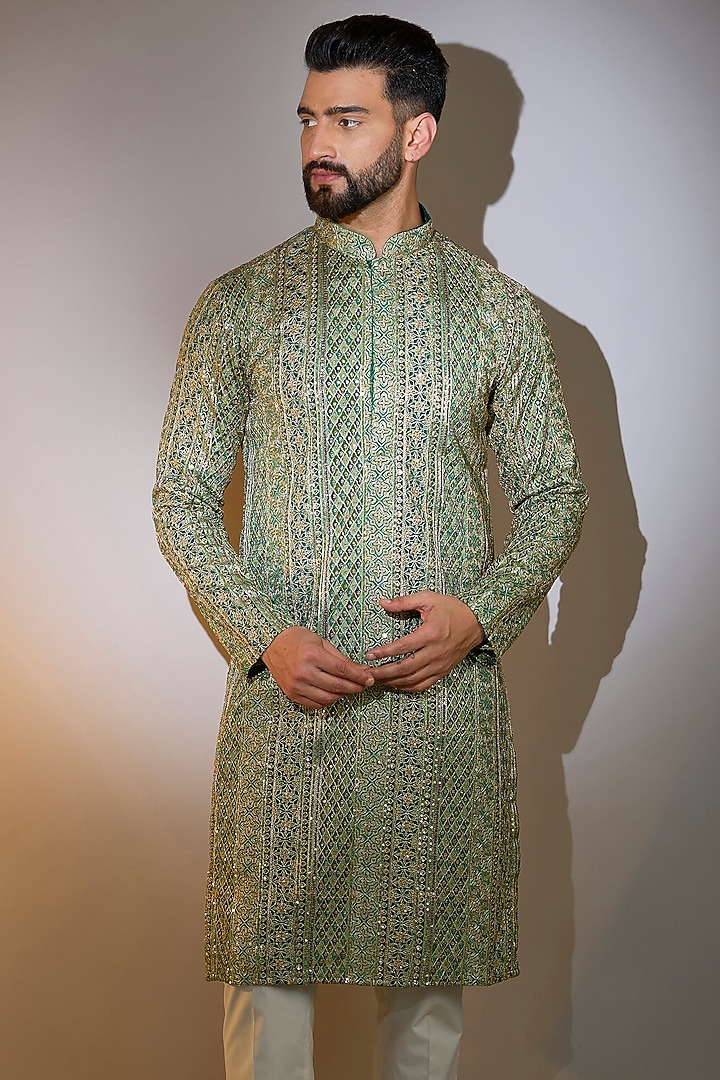 Sage Green Georgette Zari Embroidered Kurta by Kasbah Clothing at Pernia's Pop Up Shop