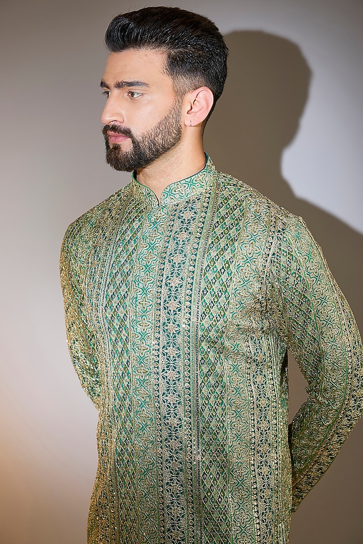 Sage Green Georgette Zari Embroidered Kurta by Kasbah Clothing at Pernia's Pop Up Shop