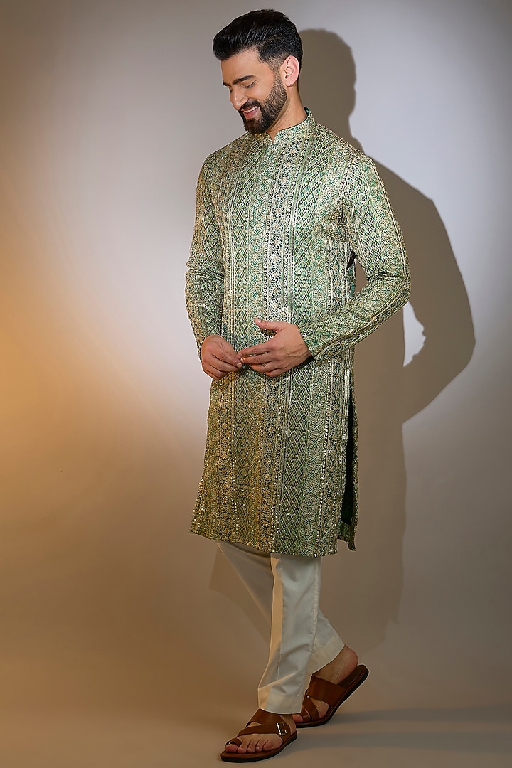 Sage Green Georgette Zari Embroidered Kurta by Kasbah Clothing