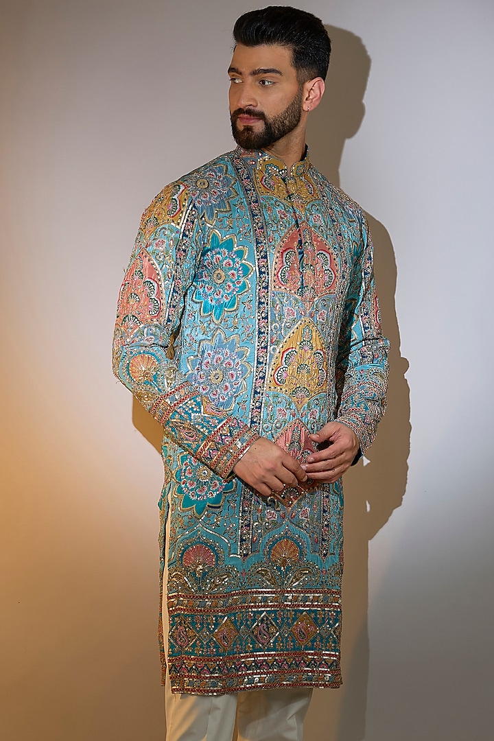Blue Georgette Printed & Zari Embroidered Kurta by Kasbah Clothing at Pernia's Pop Up Shop