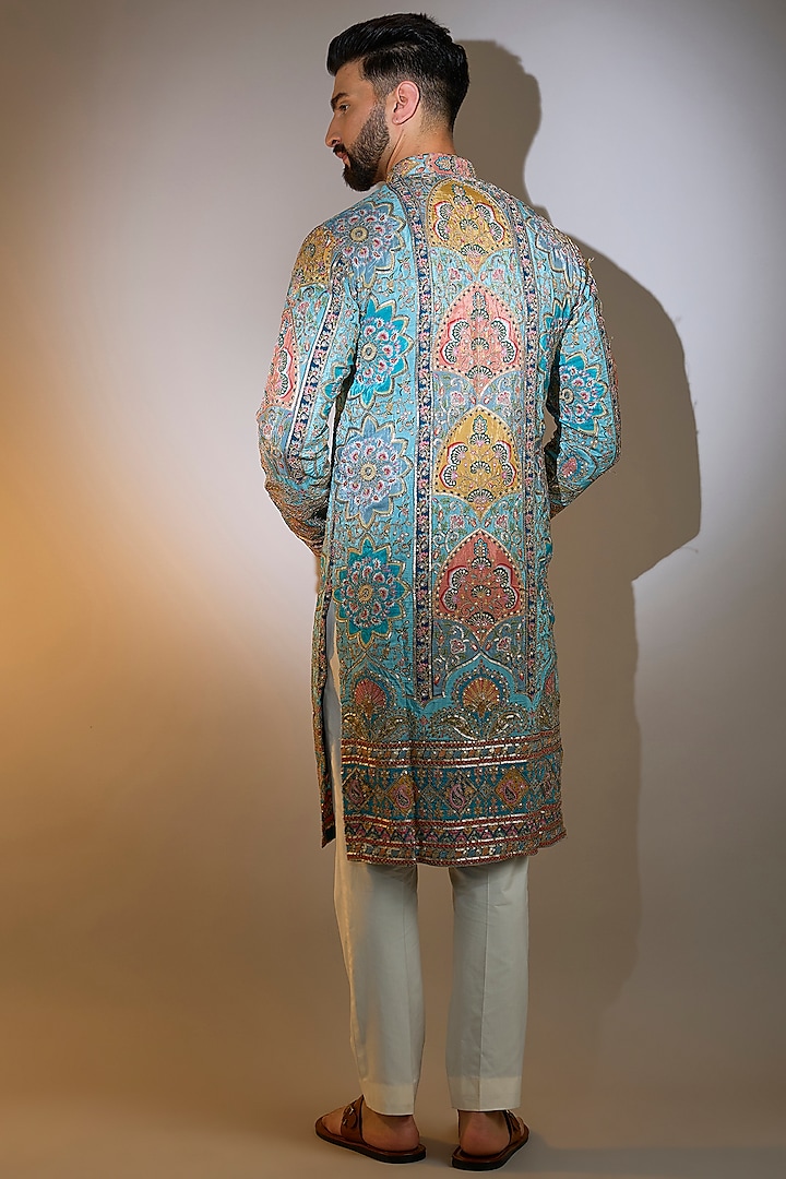 Blue Georgette Printed & Zari Embroidered Kurta by Kasbah Clothing