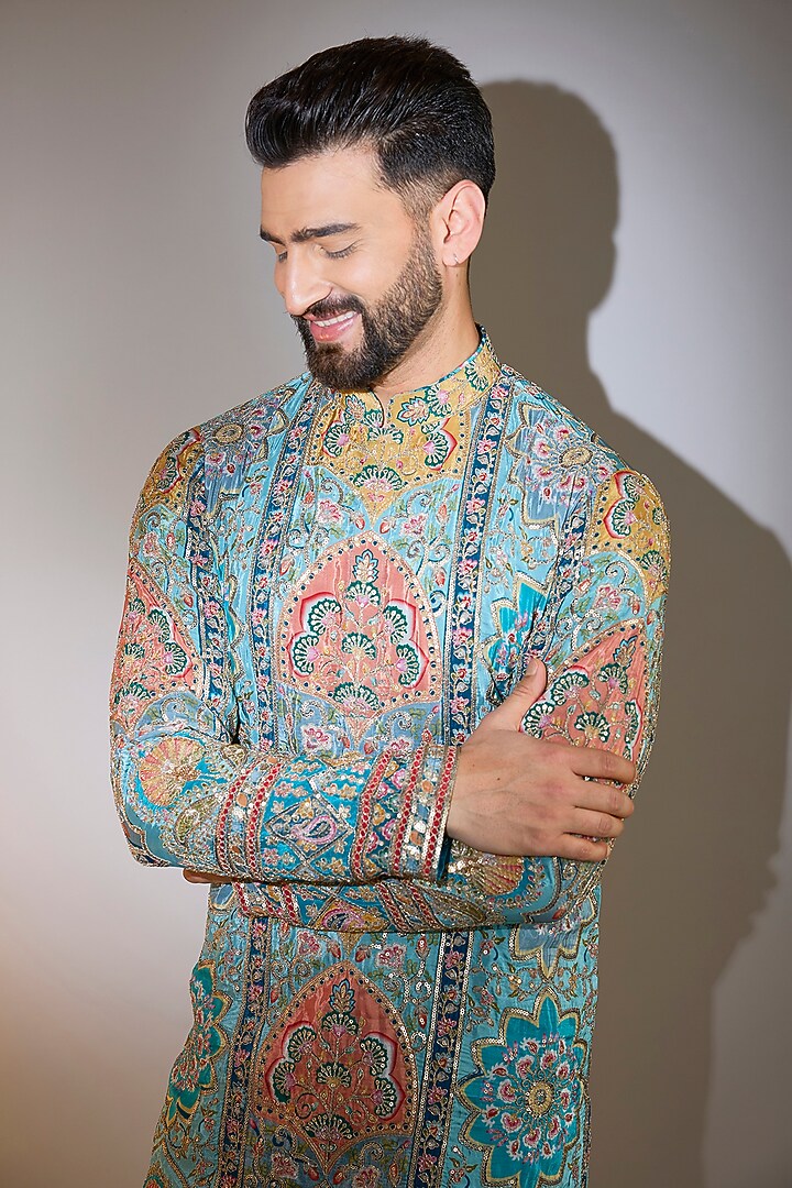 Blue Georgette Printed & Zari Embroidered Kurta by Kasbah Clothing at Pernia's Pop Up Shop