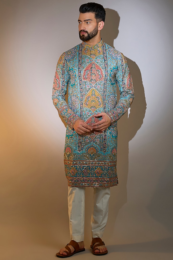 Blue Georgette Printed & Zari Embroidered Kurta by Kasbah Clothing at Pernia's Pop Up Shop