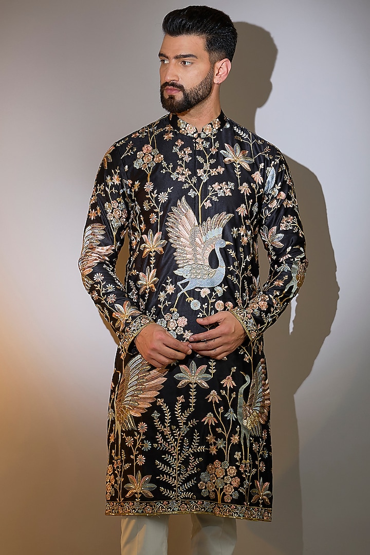 Black Poly Silk Thread Embroidered Kurta by Kasbah Clothing at Pernia's Pop Up Shop