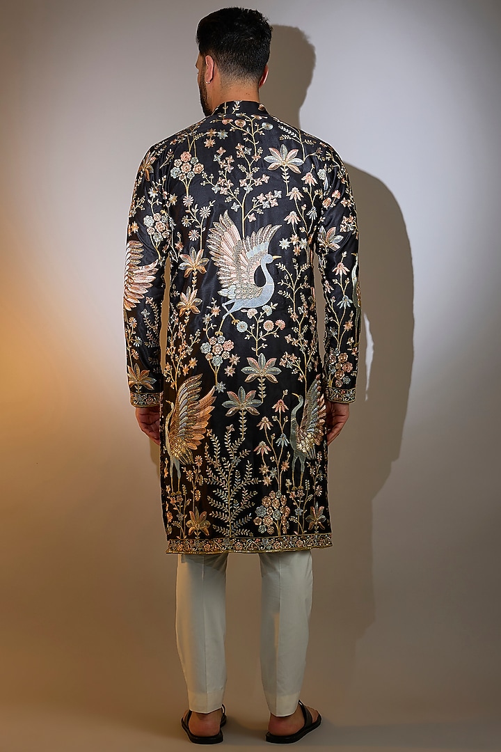 Black Poly Silk Thread Embroidered Kurta by Kasbah Clothing