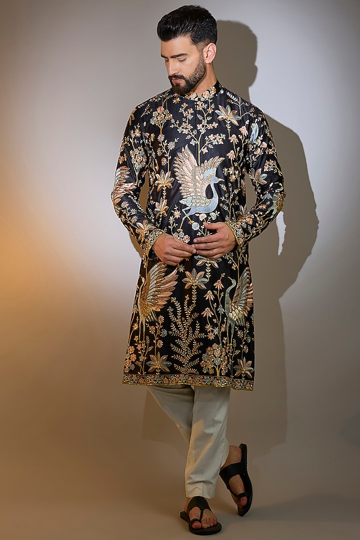 Black Poly Silk Thread Embroidered Kurta by Kasbah Clothing at Pernia's Pop Up Shop