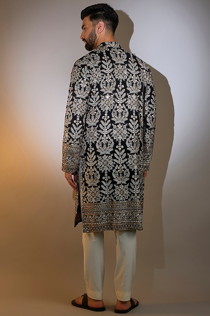 Black Georgette Thread Embroidered Chikankari Kurta by Kasbah Clothing