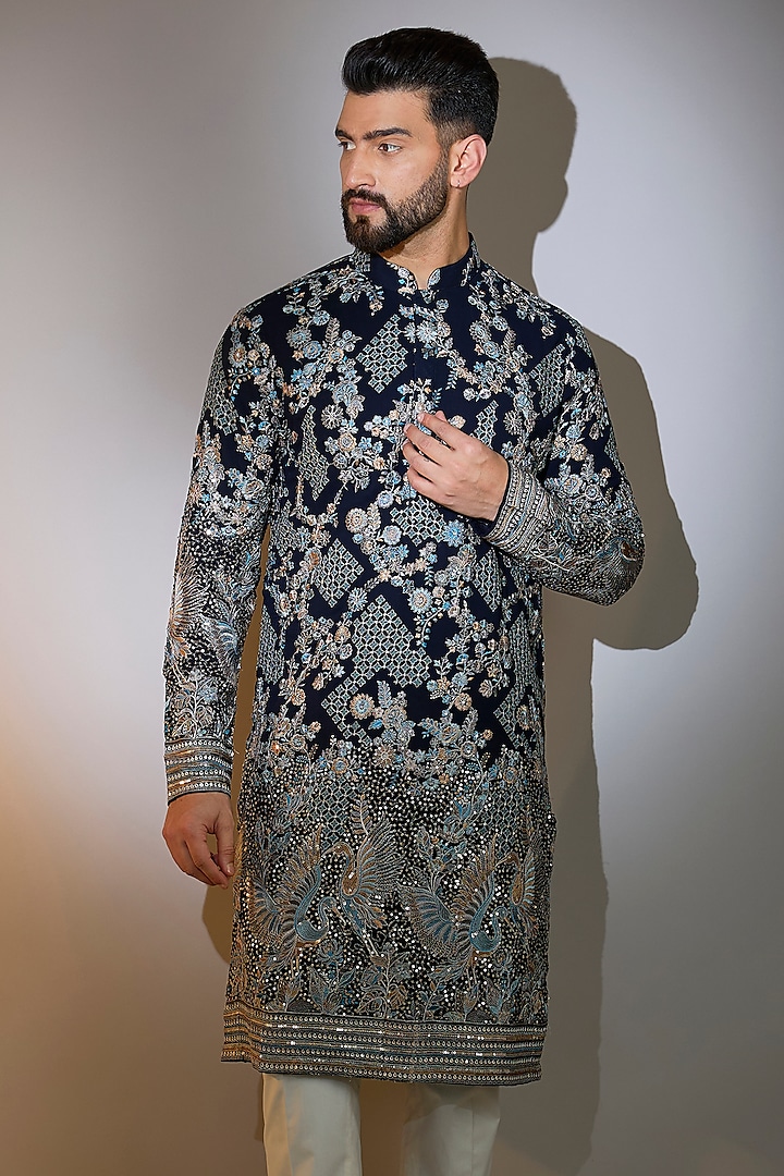 Blue Georgette Thread Embroidered Kurta by Kasbah Clothing