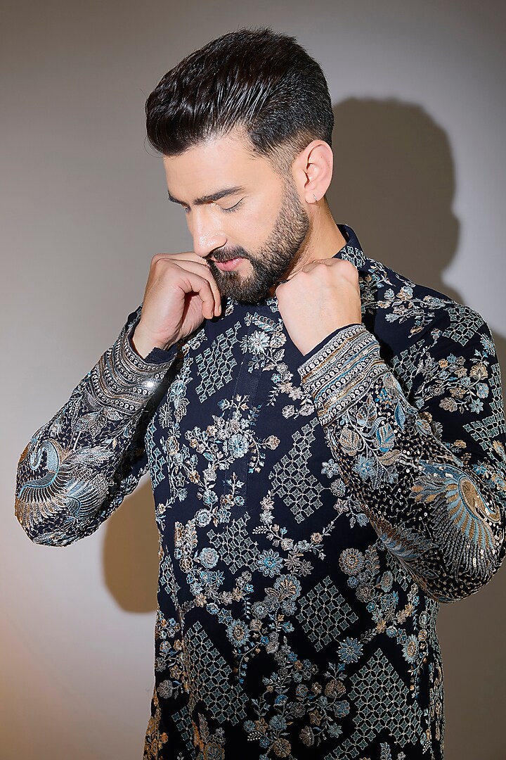 Blue Georgette Thread Embroidered Kurta by Kasbah Clothing at Pernia's Pop Up Shop