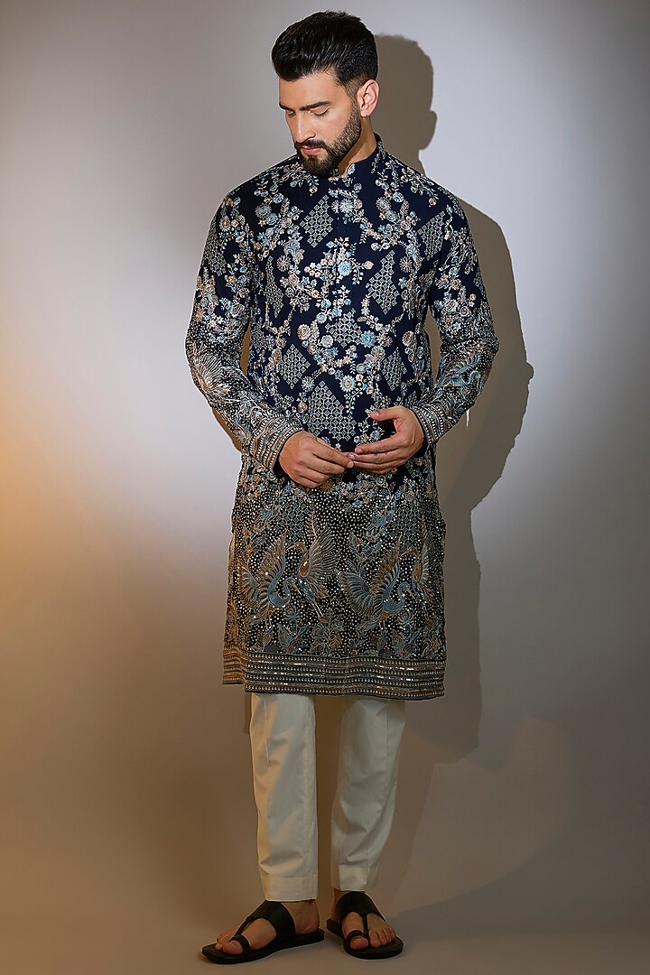 Blue Georgette Thread Embroidered Kurta by Kasbah Clothing at Pernia's Pop Up Shop