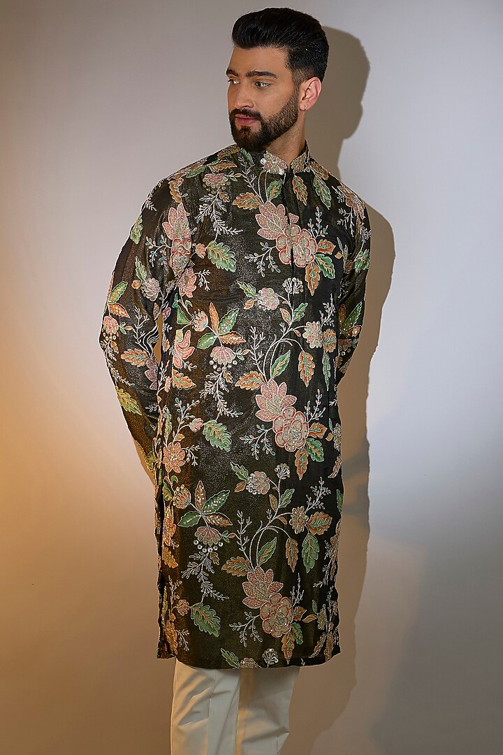 Mehendi Green Georgette Aari Work Kurta by Kasbah Clothing at Pernia's Pop Up Shop