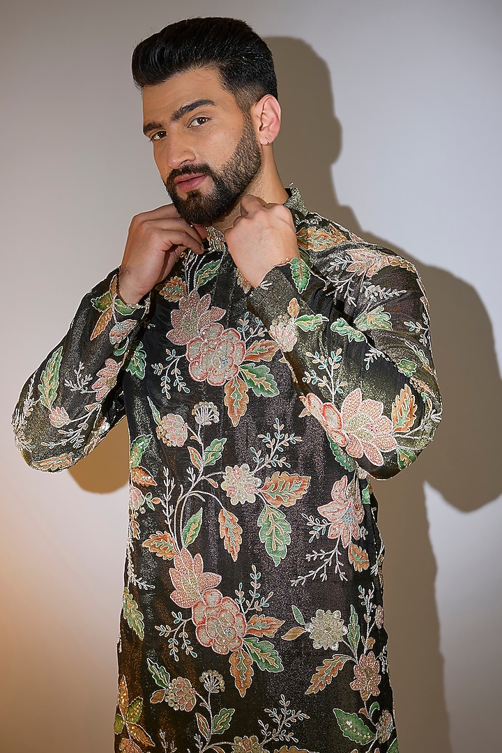 Mehendi Green Georgette Aari Work Kurta by Kasbah Clothing at Pernia's Pop Up Shop