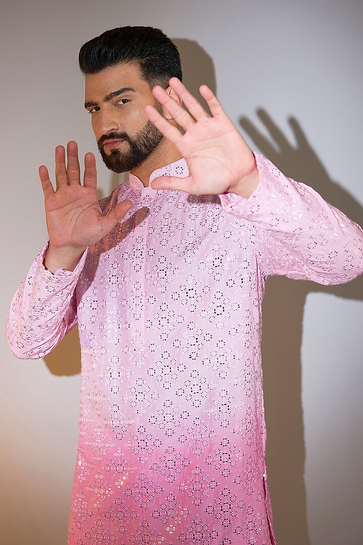 Pink Ombre Silk Mirror Work Kurta by Kasbah Clothing at Pernia's Pop Up Shop