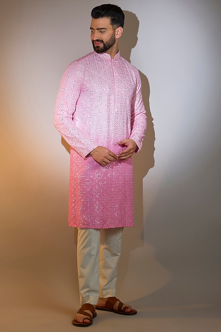 Pink Ombre Silk Mirror Work Kurta by Kasbah Clothing at Pernia's Pop Up Shop