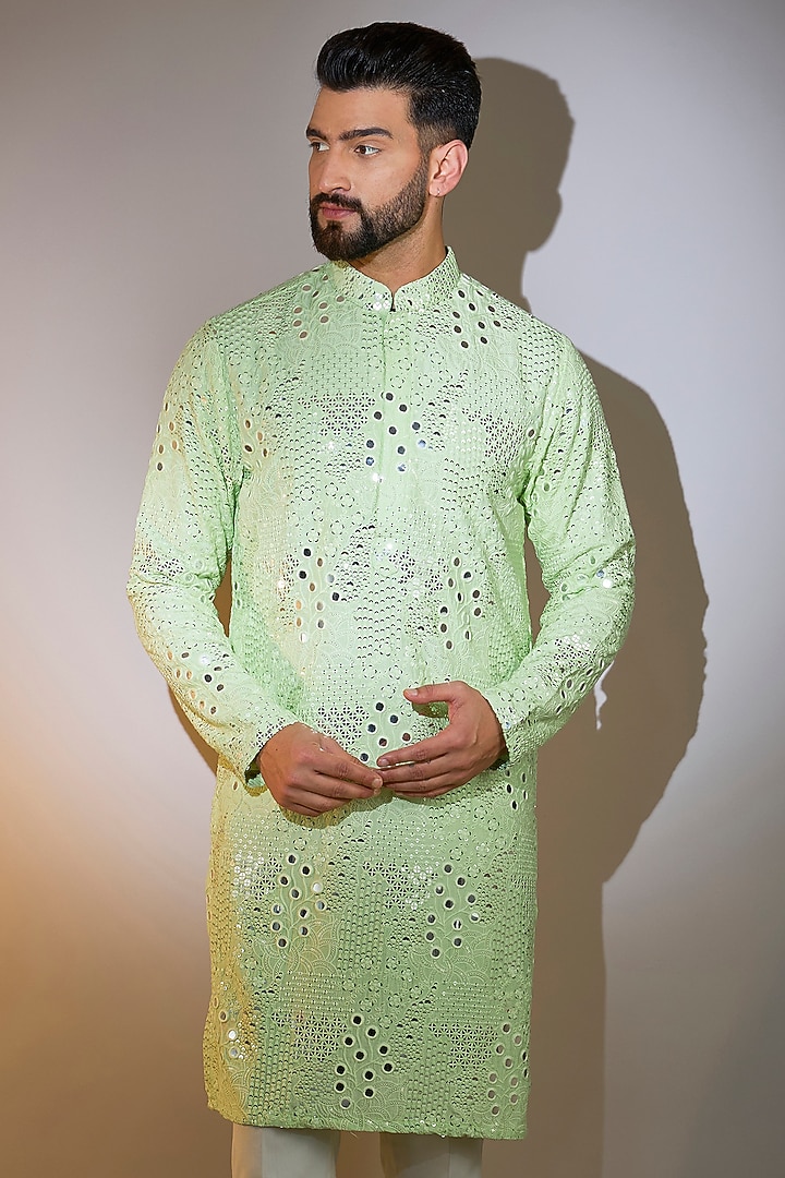 Pastel Green Silk Mirror Work Kurta by Kasbah Clothing at Pernia's Pop Up Shop