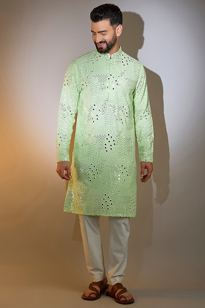 Pastel Green Silk Mirror Work Kurta by Kasbah Clothing