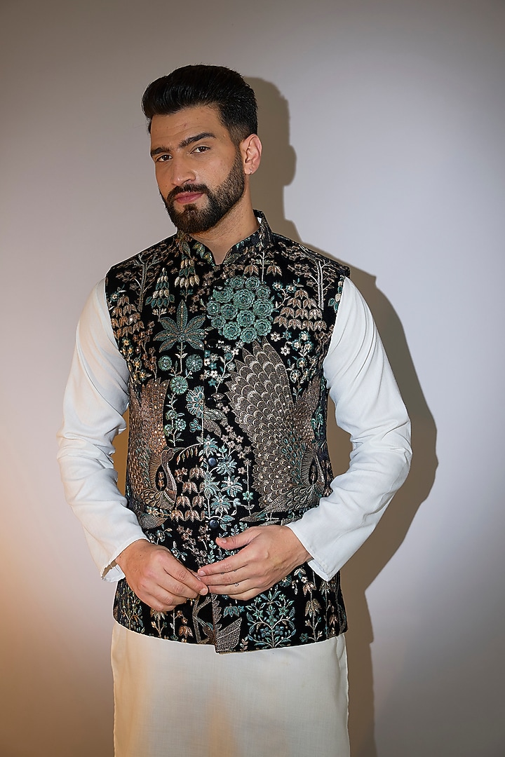 Black Velvet Thread Embroidered Nehru Jacket by Kasbah Clothing