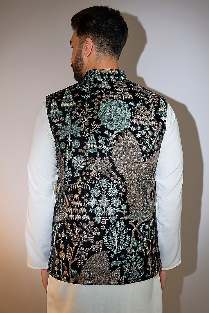 Black Velvet Thread Embroidered Nehru Jacket by Kasbah Clothing at Pernia's Pop Up Shop