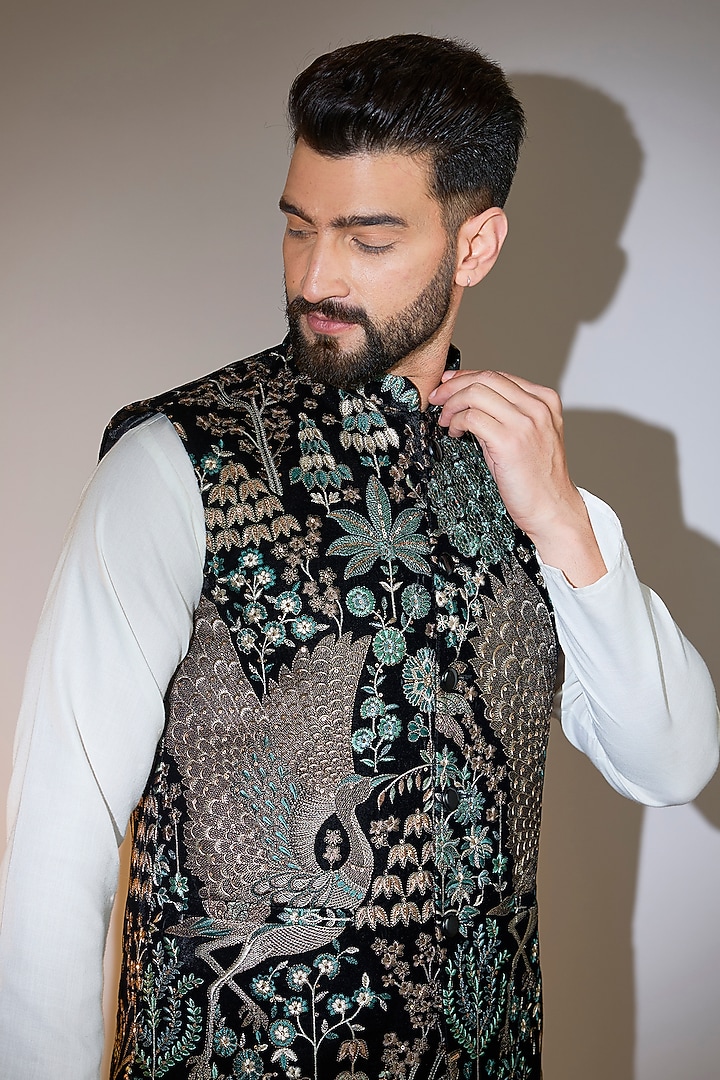 Black Velvet Thread Embroidered Nehru Jacket by Kasbah Clothing at Pernia's Pop Up Shop