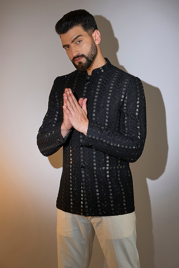 Black Silk Cutdana Work Wedding Bandhgala by Kasbah Clothing at Pernia's Pop Up Shop