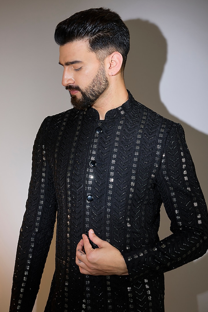 Black Silk Cutdana Work Wedding Bandhgala by Kasbah Clothing at Pernia's Pop Up Shop