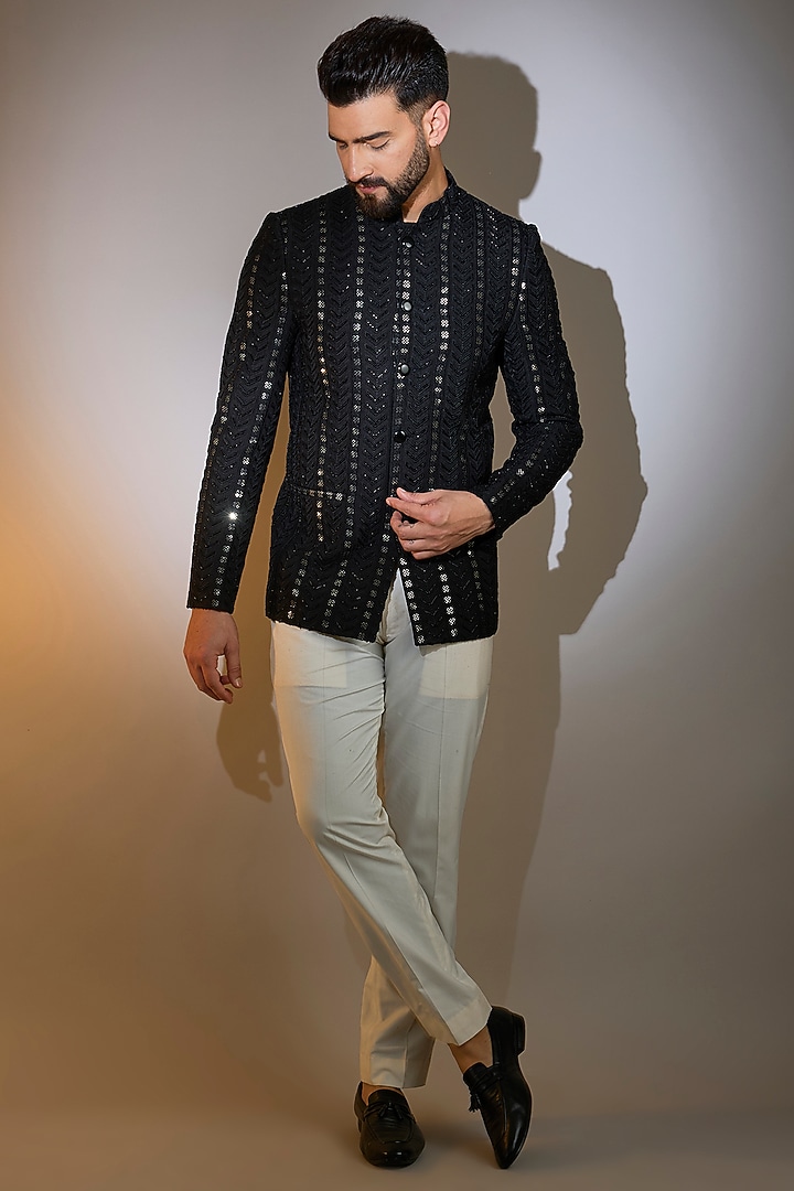 Black Silk Cutdana Work Wedding Bandhgala by Kasbah Clothing at Pernia's Pop Up Shop