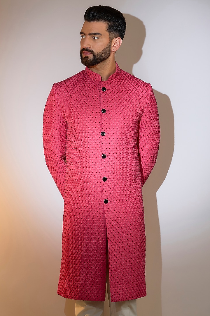 Hot Pink Silk Cutdana Work Wedding Sherwani by Kasbah Clothing at Pernia's Pop Up Shop
