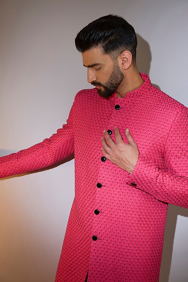 Hot Pink Silk Cutdana Work Wedding Sherwani by Kasbah Clothing at Pernia's Pop Up Shop