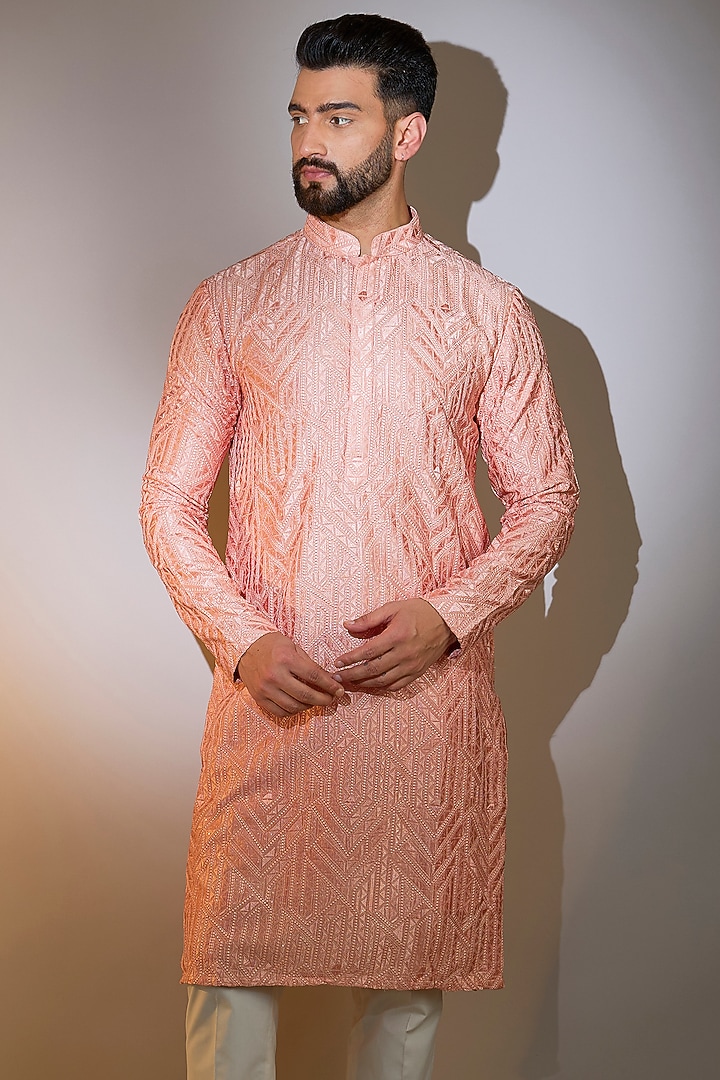 Peach Silk Machine Embroidered Chikankari Kurta by Kasbah Clothing at Pernia's Pop Up Shop