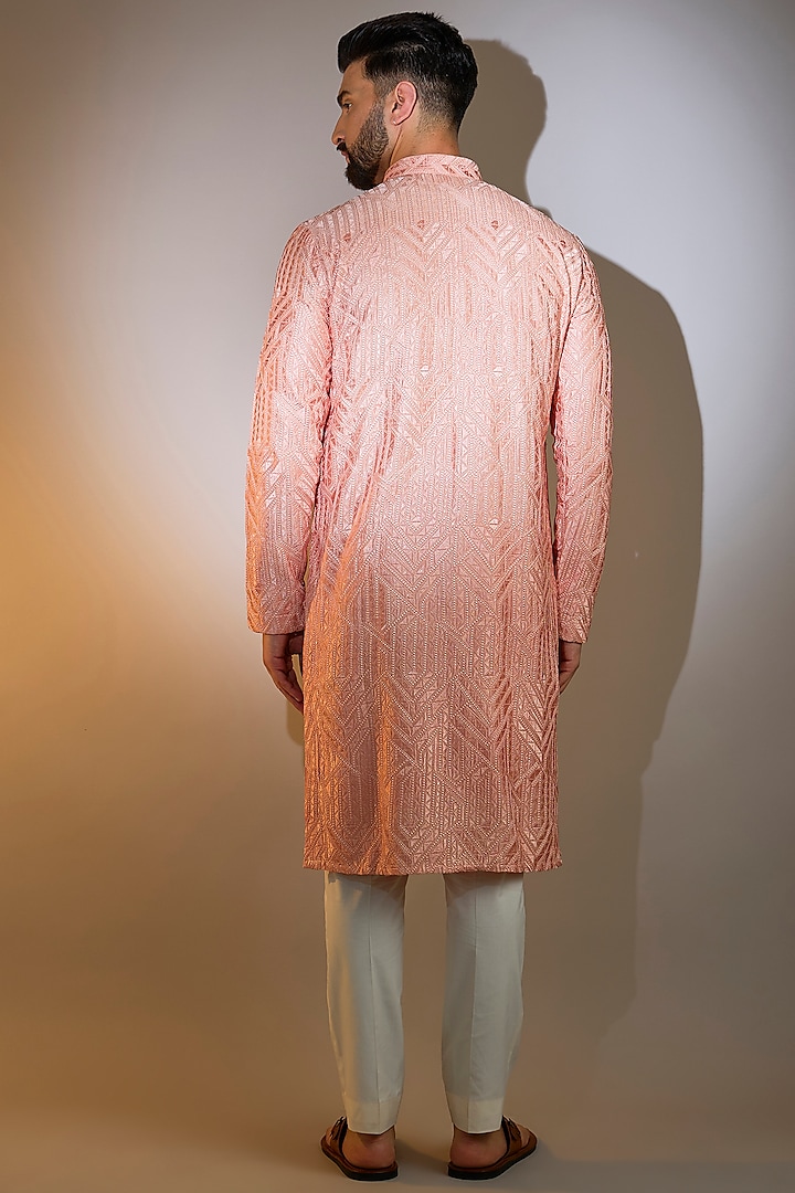 Peach Silk Machine Embroidered Chikankari Kurta by Kasbah Clothing