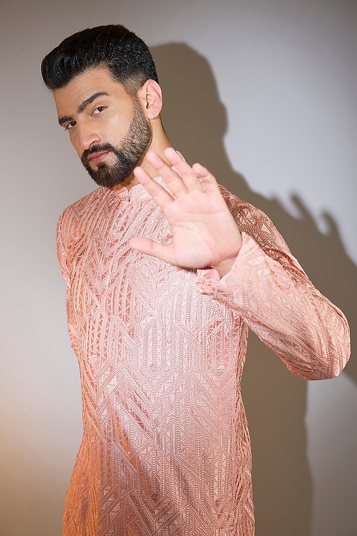 Peach Silk Machine Embroidered Chikankari Kurta by Kasbah Clothing at Pernia's Pop Up Shop