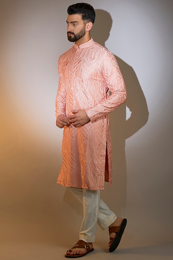 Peach Silk Machine Embroidered Chikankari Kurta by Kasbah Clothing at Pernia's Pop Up Shop