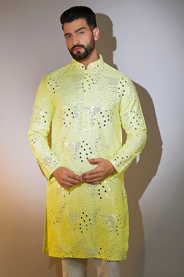 Yellow Silk Mirror Work Kurta by Kasbah Clothing at Pernia's Pop Up Shop
