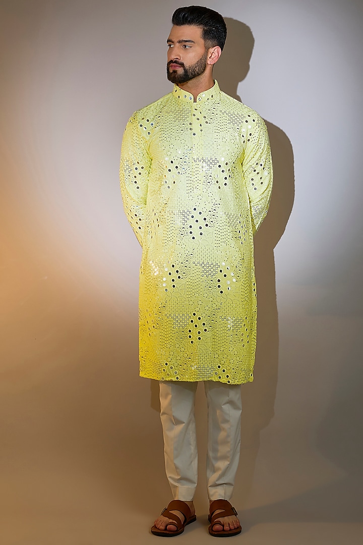 Yellow Silk Mirror Work Kurta by Kasbah Clothing