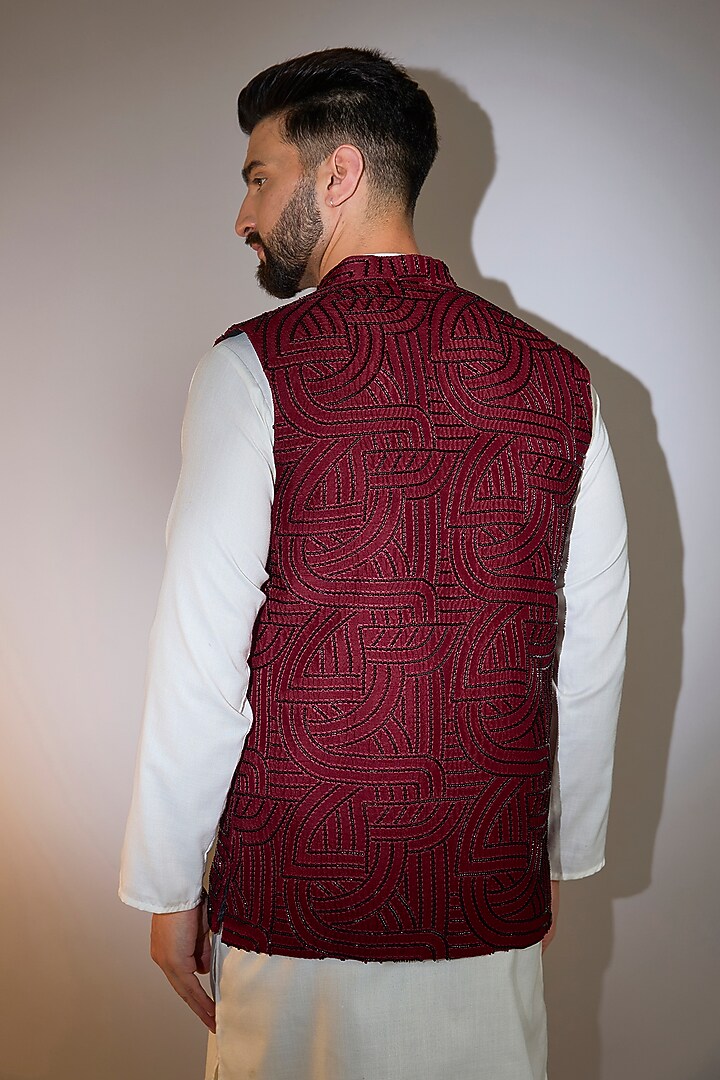 Maroon Silk Cutdana Embroidered Nehru Jacket by Kasbah Clothing at Pernia's Pop Up Shop