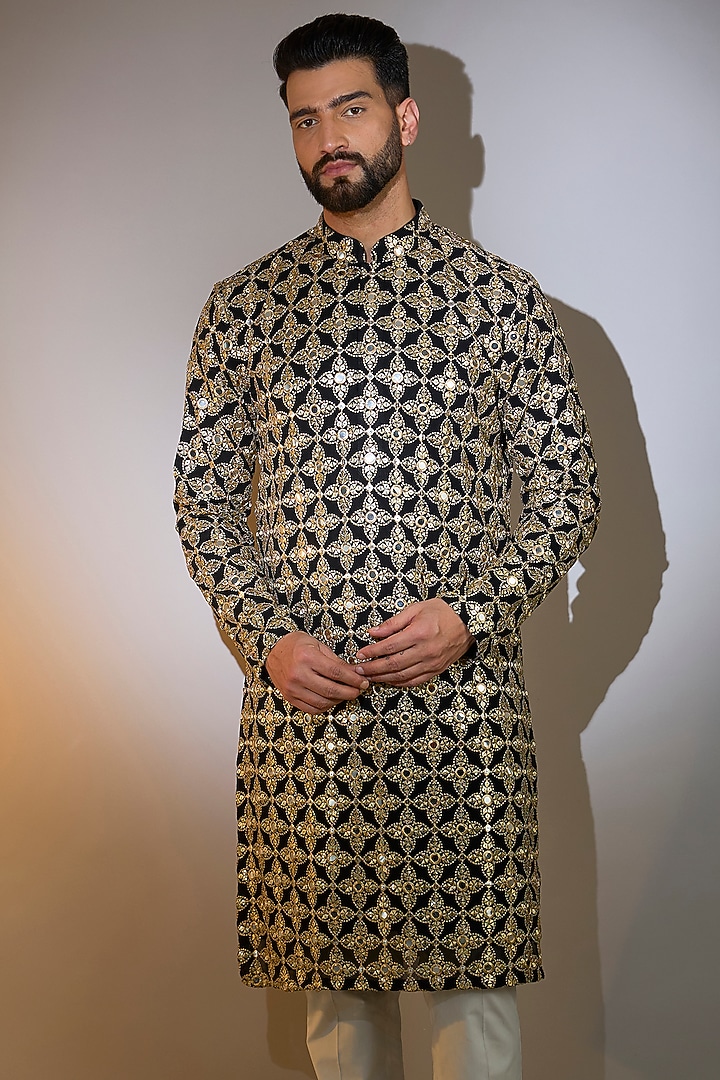 Black Georgette Mirror Work Kurta by Kasbah Clothing at Pernia's Pop Up Shop