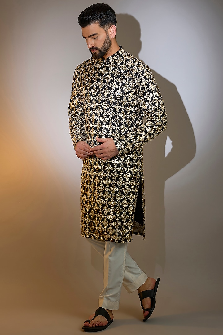 Black Georgette Mirror Work Kurta by Kasbah Clothing