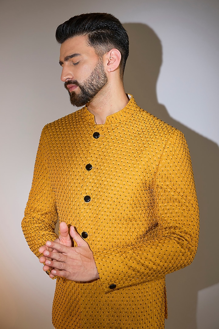 Yellow Silk Cutdana Embroidered Wedding Bandhgala by Kasbah Clothing at Pernia's Pop Up Shop