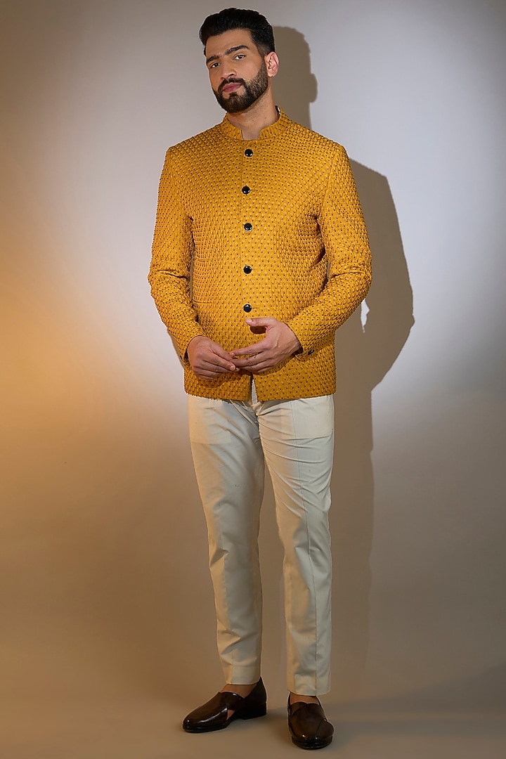 Yellow Silk Cutdana Embroidered Wedding Bandhgala by Kasbah Clothing at Pernia's Pop Up Shop