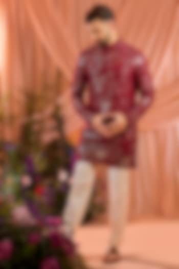 Maroon Silk Mirror Work Short Kurta by Kasbah Clothing at Pernia's Pop Up Shop