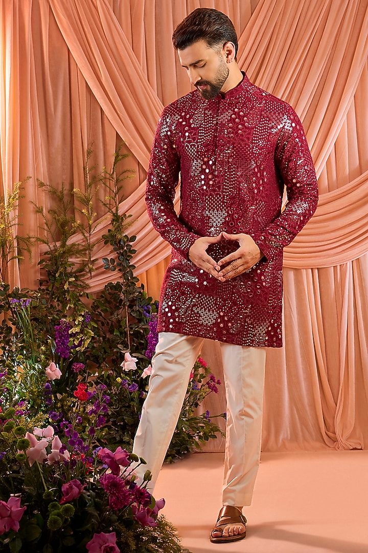 Maroon Silk Mirror Work Short Kurta by Kasbah Clothing at Pernia's Pop Up Shop