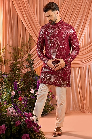 Maroon Silk Mirror Work Short Kurta by Kasbah Clothing