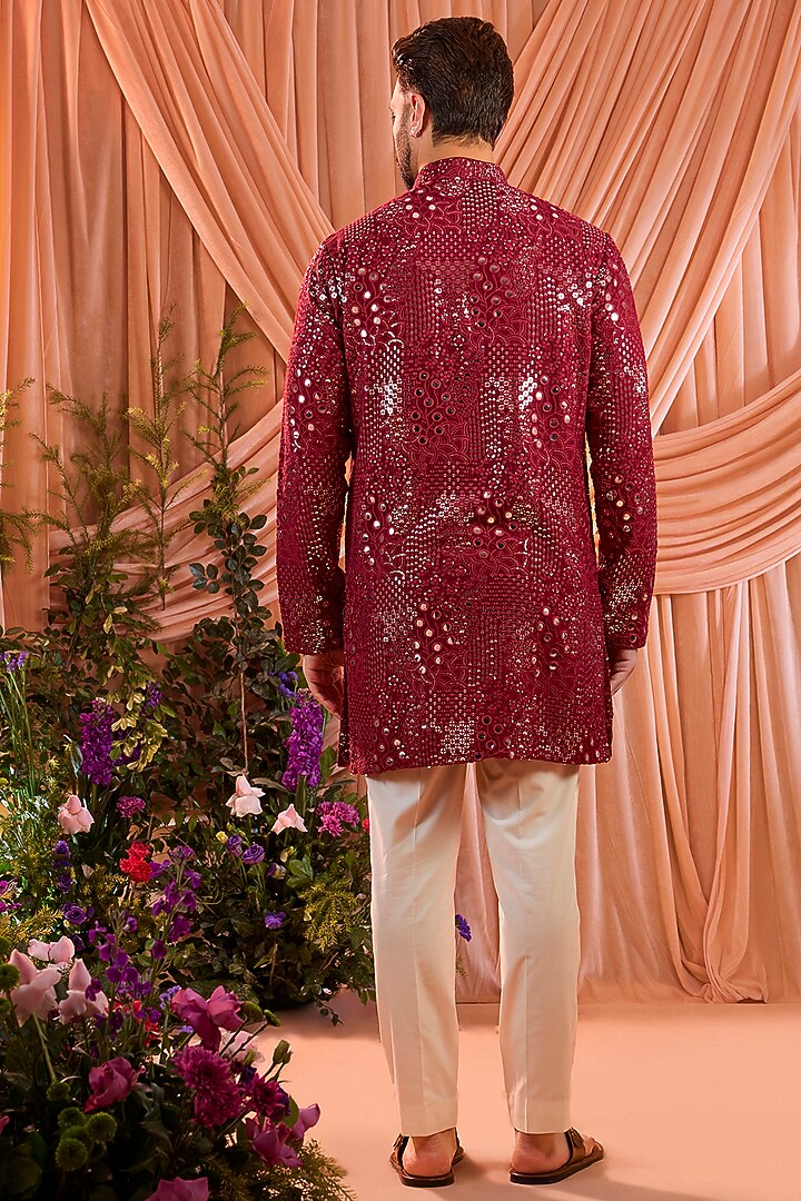 Maroon Silk Mirror Work Short Kurta by Kasbah Clothing at Pernia's Pop Up Shop