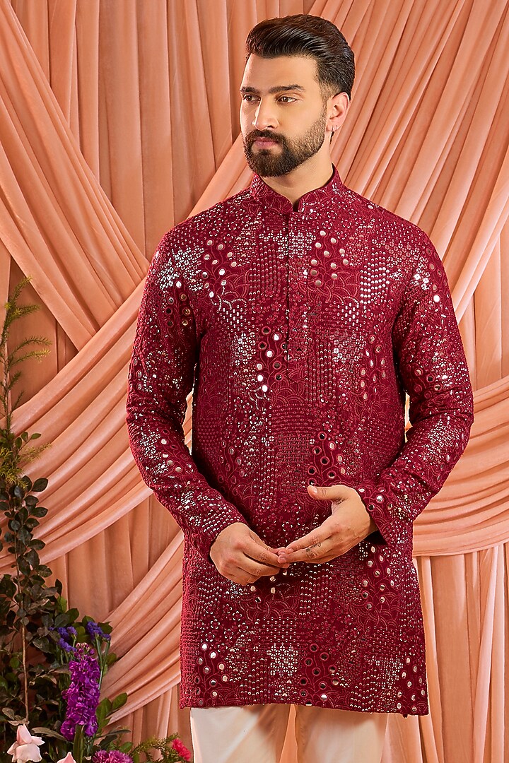 Maroon Silk Mirror Work Short Kurta by Kasbah Clothing at Pernia's Pop Up Shop