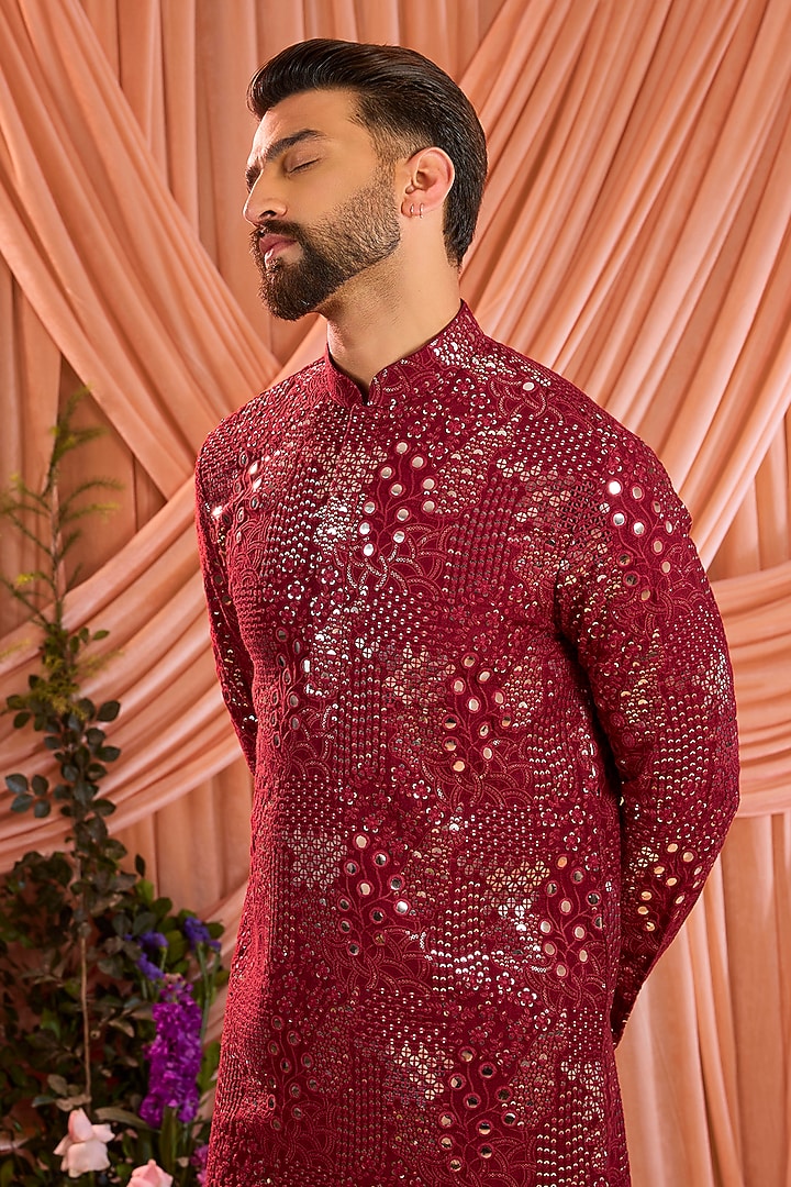 Maroon Silk Mirror Work Short Kurta by Kasbah Clothing at Pernia's Pop Up Shop